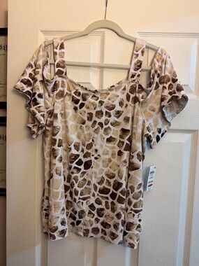 JM Collection Brown and Cream Cold-Shoulder Animal Print Top